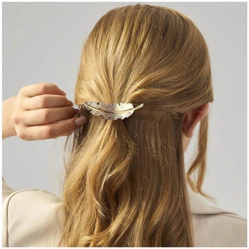 Pince à cheveux dorée motif feuille - Barrette à ressort élégante 7cm