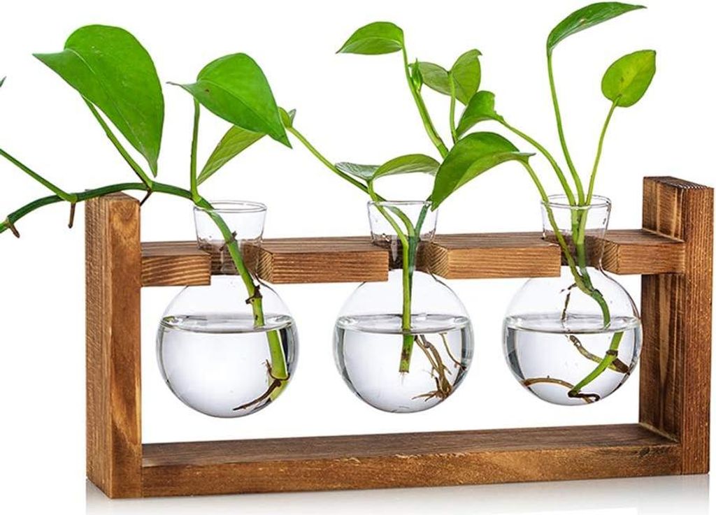 Vintage Blumenvasen, kleine Vasen für Tischdekoration, moderne Glas-Reagenzgläser für Blumen mit Holzständer, Anzuchtstation für Wohnzimmer, A...