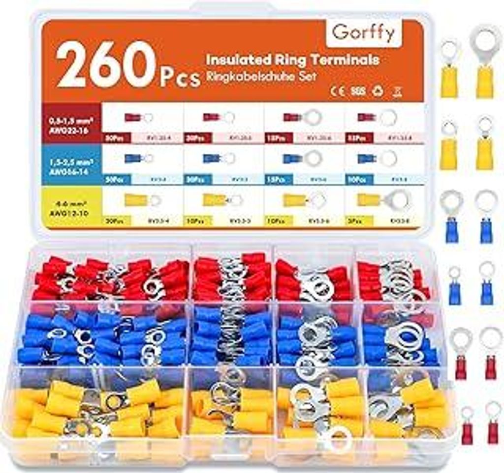 Ringkabelschuhe, 260 Stücke Kabelschuhe, 0,5-6mm² Ringösen Kabelschuhe, Ø M4/M5/M6/M8 Ringkabelschuhe Set, Kabelschuhes Quetschverbinder Sortiment