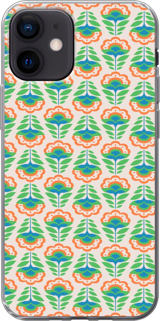 MuchoWow Handyhülle Schutzhülle Hülle für Telefoonhoesje iPhone 12 Retro - Blumen - Design - Grün - Orange Silikon Softcase Handy Hülle - S...
