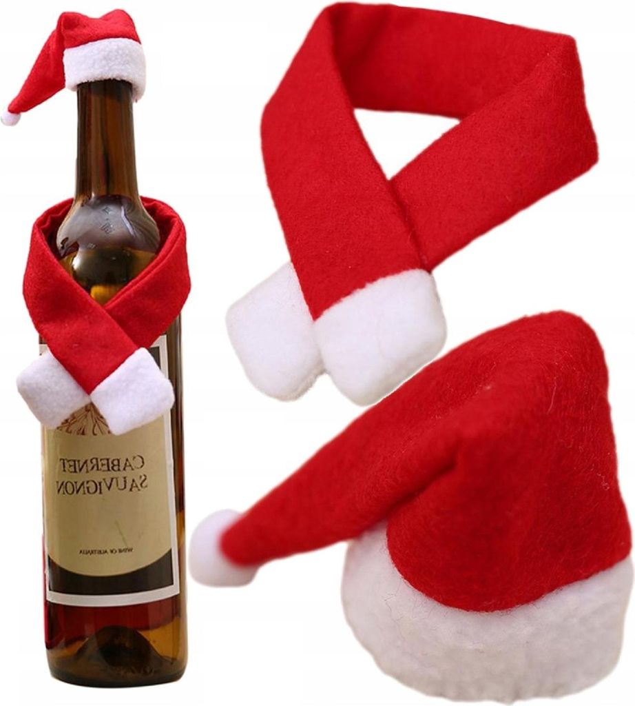 Christmas-themed bottle accessories including a hat and scarf, with one set on a wine bottle.