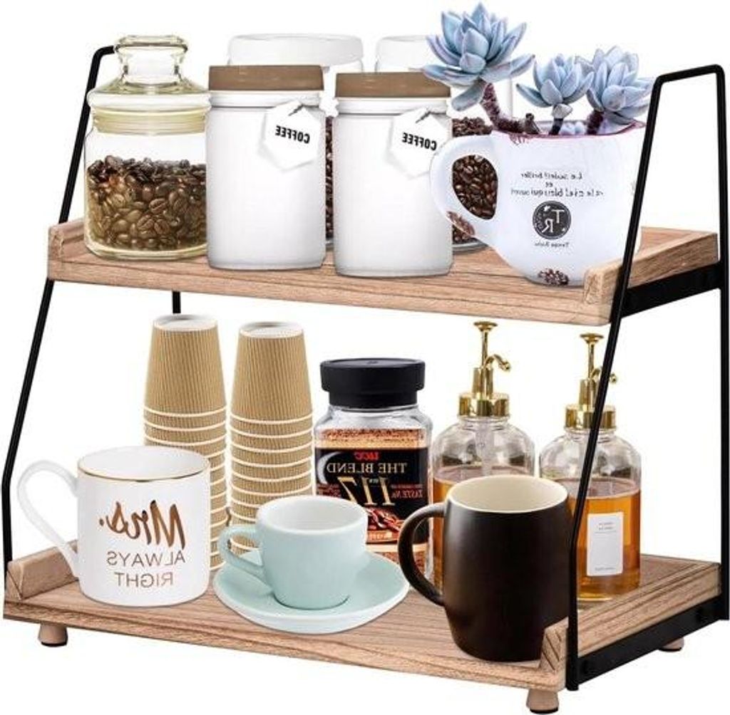 Kaffee- und Tee-Organizer aus Holz mit 2 Ebenen – Zubehör für Kaffeebars – Gewürzregal für Küche und Badezimmer – Kaffeeregal