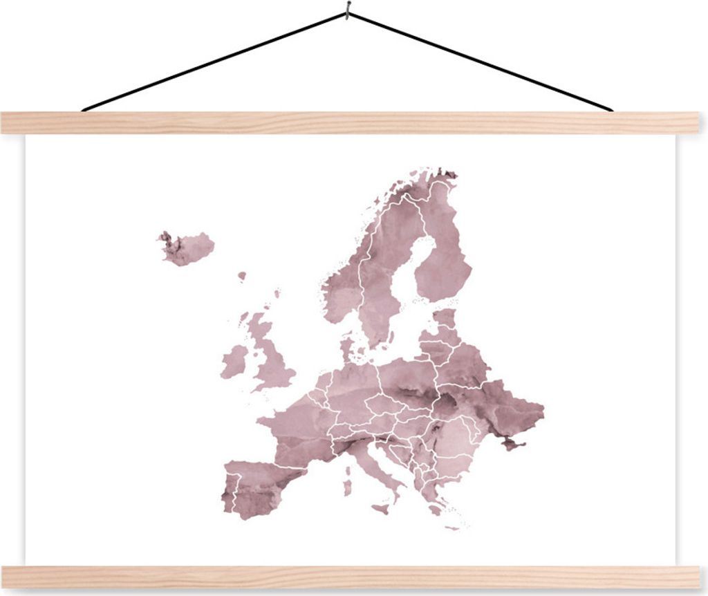 MuchoWow Textilposter Karte von Europa - Aquarell - Violett 120x80 cm mit holzfarbenen Rahmen - Aufhängeset