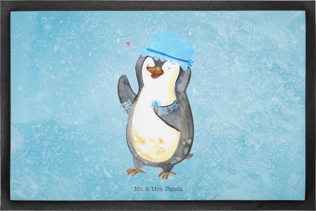 Mr. & Mrs. Panda Schmutzfangmatte Pinguin Duschen 60 x 90 cm - Eisblau - Geschenk, Dusche, Schmutzmatte, Schuhabstreifer, Baden, Singen, fußmatte,...