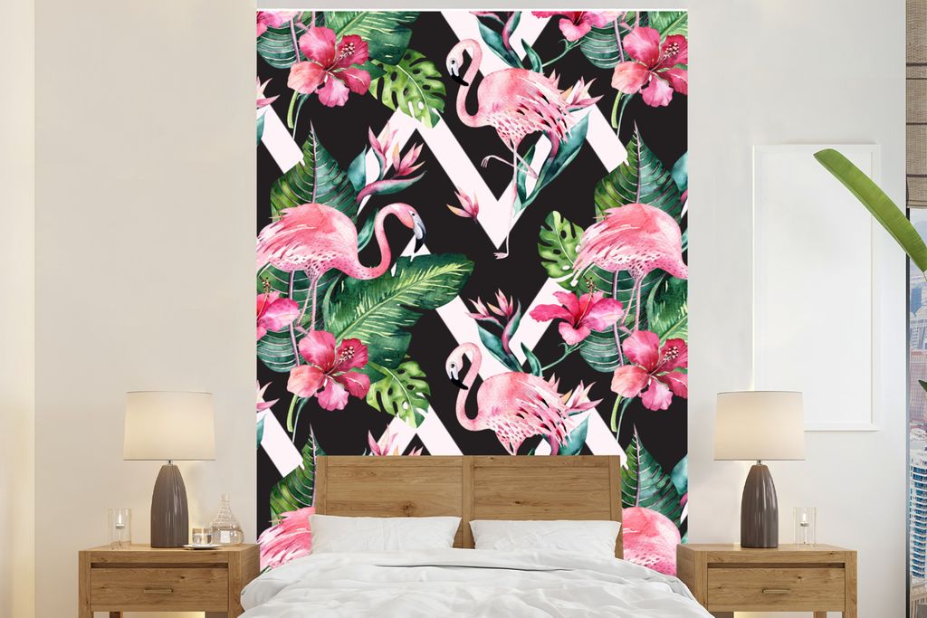 MuchoWow Fototapete für Wohnzimmer oder Schlafzimmer Wandtapete Vinyl Motivtapete Muster - Blumen - Flamingo - 160x240 cm - Vinyltapete