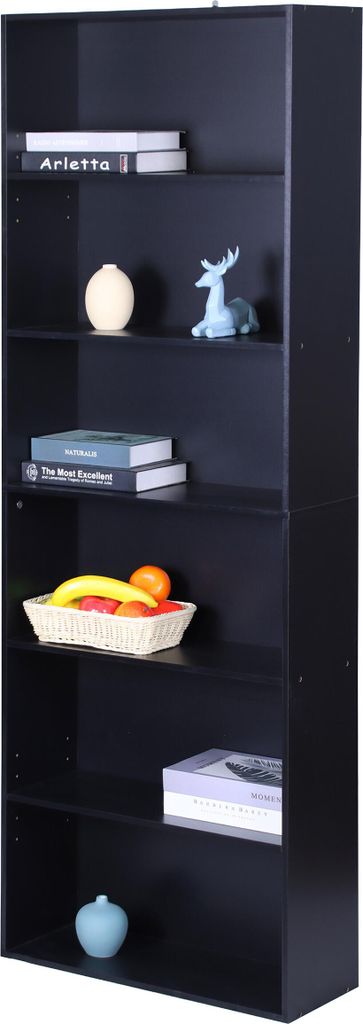 Relaxdays Bücherregal, HBT: 178,5 x 60 x 24 cm, 6 Fächer, verstellbare Böden, Buchregal, Standregal Wohnzimmer, schwarz
