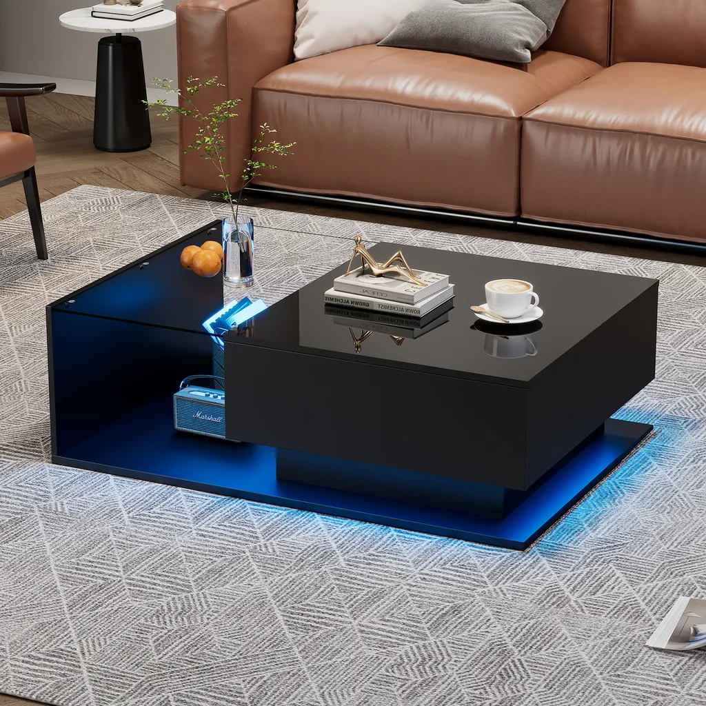 Tavolino Sweiko nero lucido 100x50x32 cm - con piano e cassetti in vetro, antigraffio, con 1 cassetto, con illuminazione LED, stile moderno