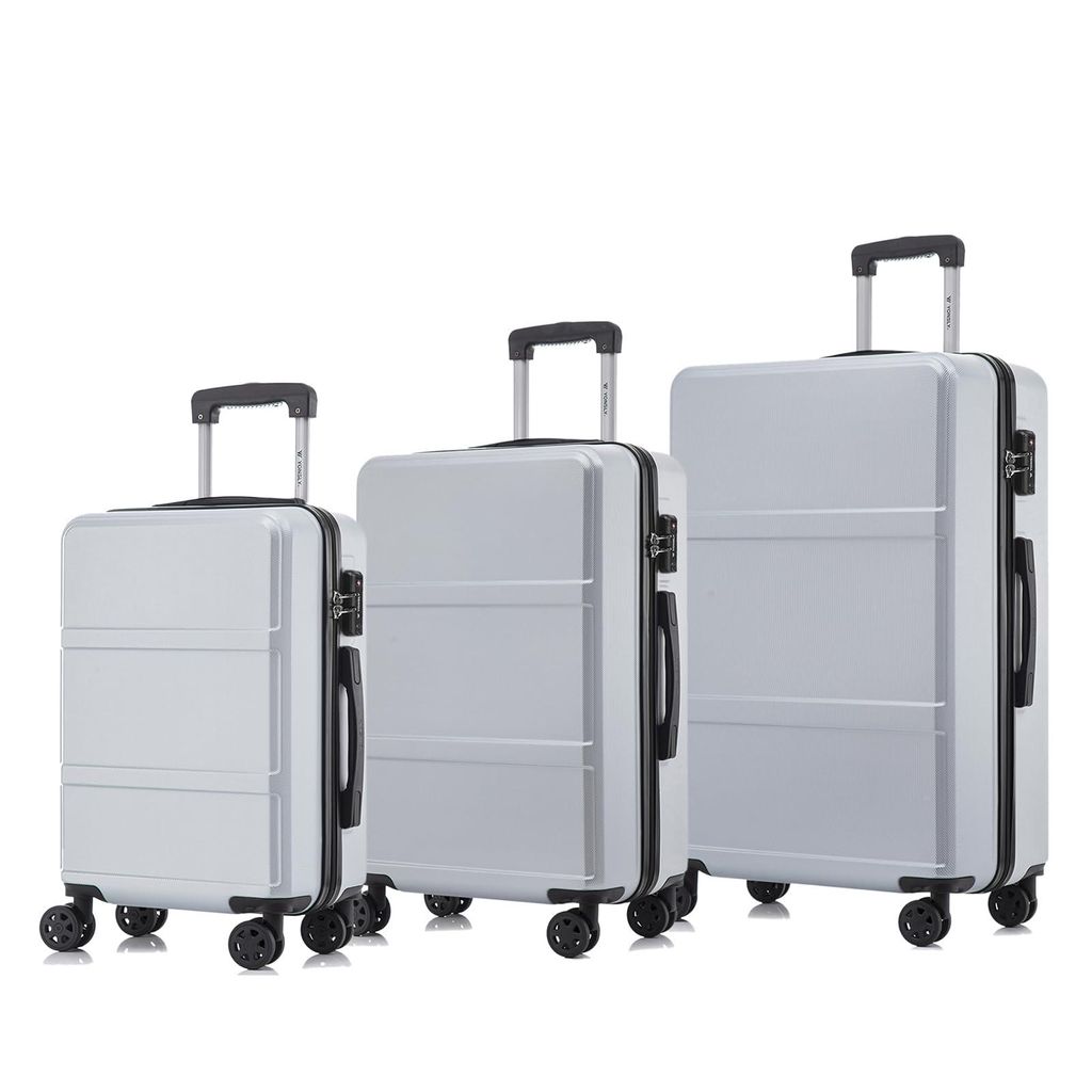 Premium Reisekoffer TSA-Schloss,YKK-Reißverschluss Hartschalen-Koffer Trolley Kabinenkoffer Rollkoffer Suitcase Handgepäck (Silber, M-L-XL-Set)