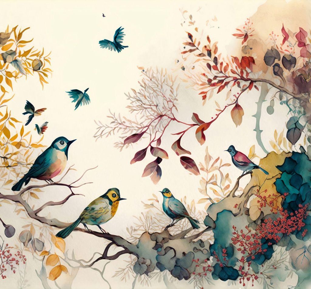 Sanders & Sanders Fototapete tropische Dschungelblätter und Paradiesvögel Beige, Blau und Gelb 300 x 279 cm