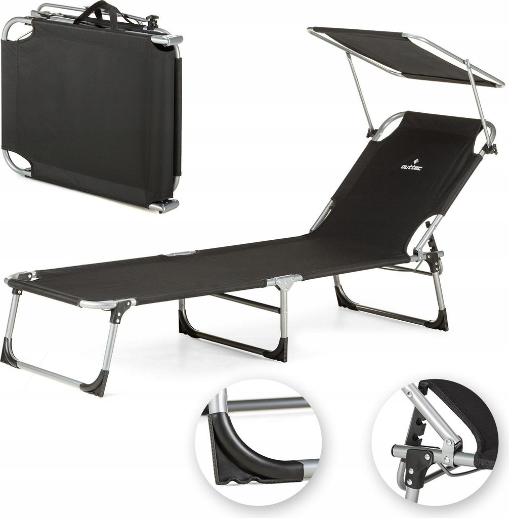 A black foldable sun lounger with a canopy, shown both folded and unfolded, with close-up details of its construction.