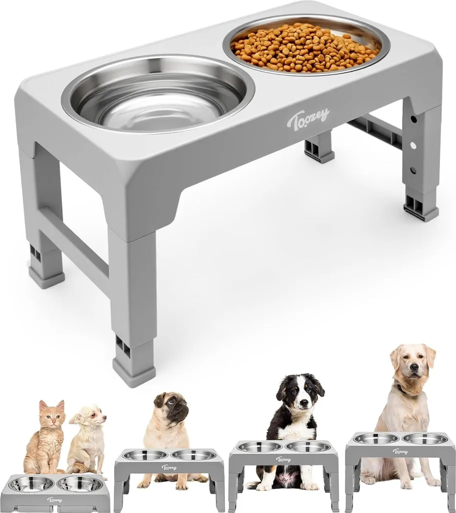 Station alimentaire réglable pour chien avec 2 écuelles inox 1200 ml gris