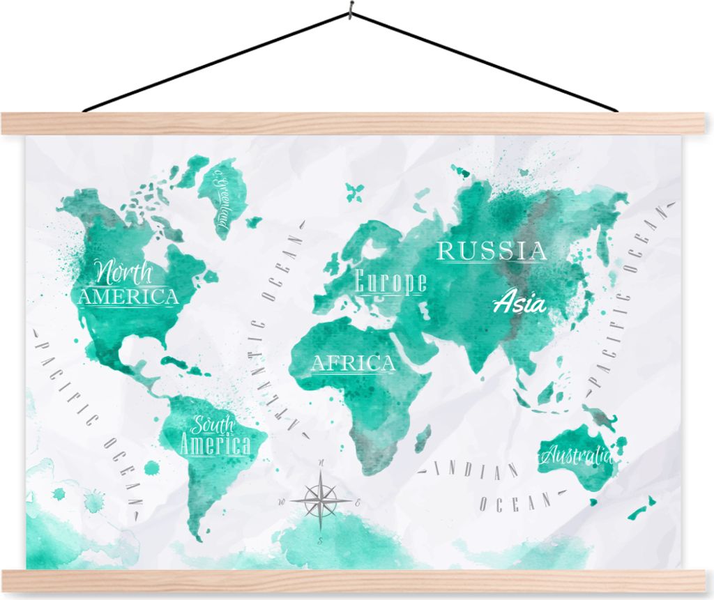 MuchoWow Textilposter Weltkarte - Malerei - Aquarell 120x80 cm mit holzfarbenen Rahmen - Aufhängeset