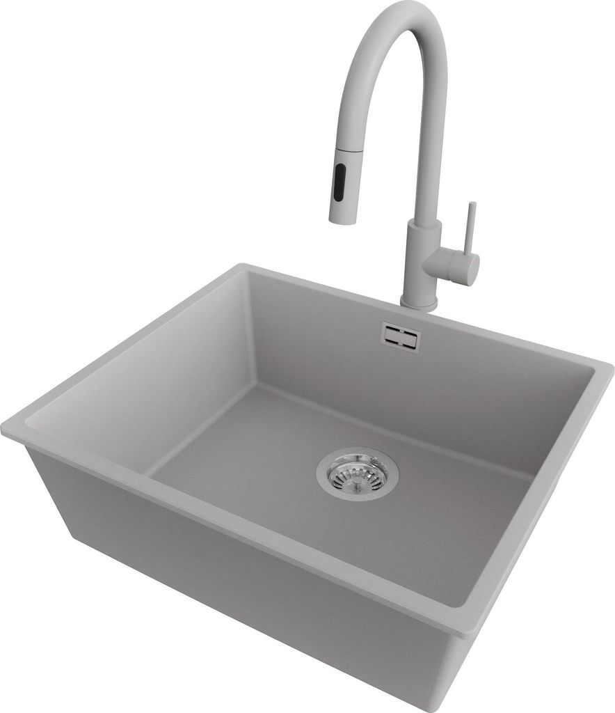 PRIMAGRAN Unterbauspüle Granit Grau 56x47cm, Spülbecken 1 Becken + Küchenarmatur 40x20cm + Ablauf-Set, Granitspüle ab 60er Unterschrank - London