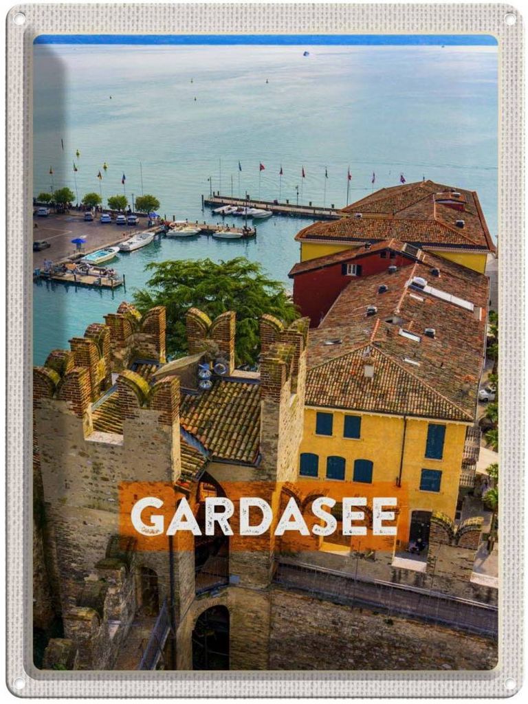 vianmo Blechschild 40x30 cm Gardasee Italien Europa Urlaub Boote Blick auf See Bildmotiv Reisemotiv Abenteuer Reisen