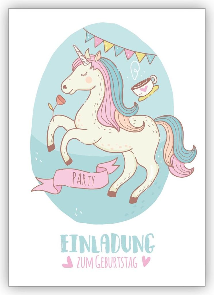 Tolle Party Einladungskarte für Mädchen mit zauberhaftem Einhorn: Einladung zum Geburtstag