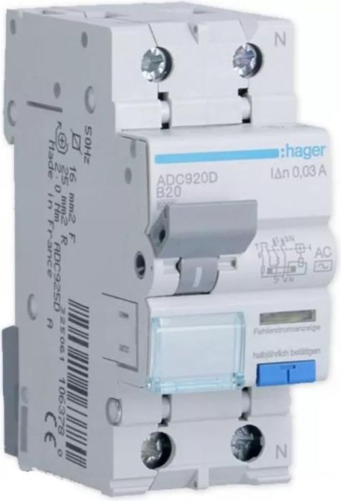 HAGER RCBO Fehlerstrom-/Leitungsschutzschalter 1P+N 6kA B20A 30mA Typ AC ADC920D