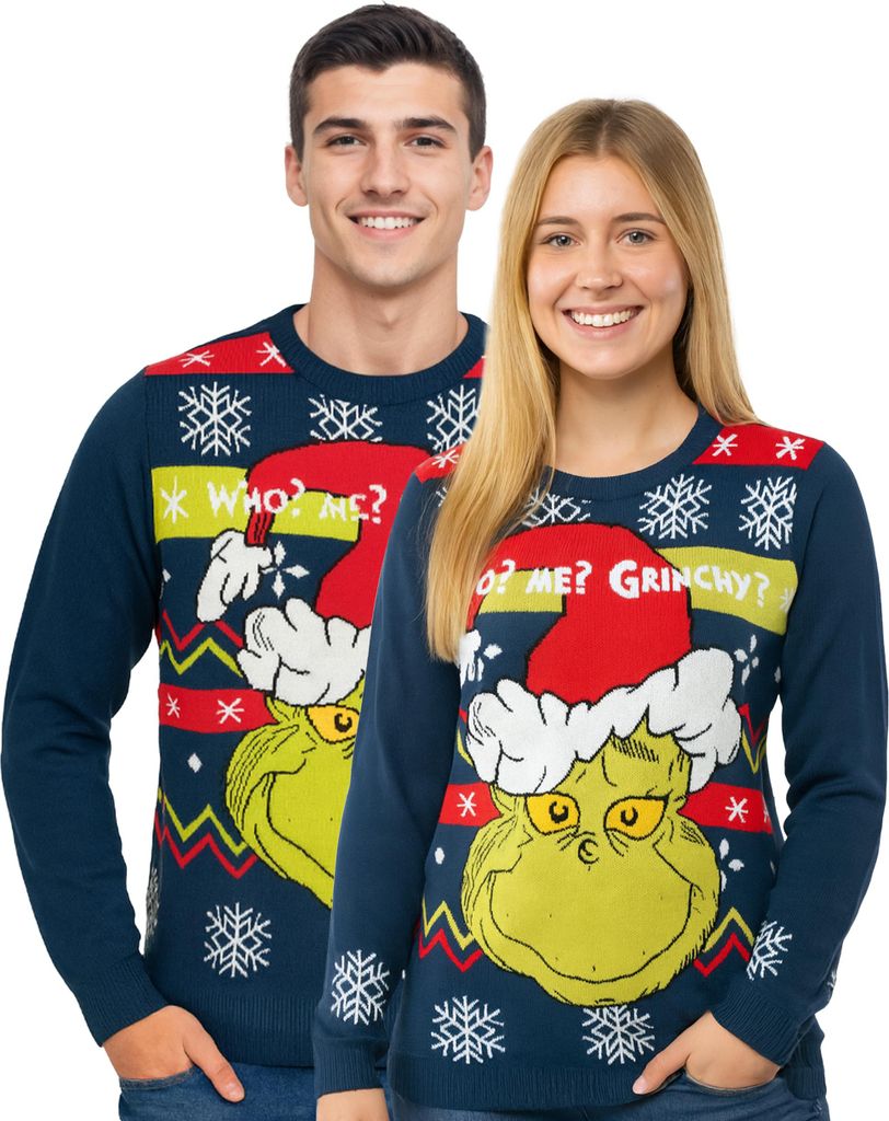 The Grinch Weihnachtspullover für Herren & Damen - Who? Me? Grinchy? Winter Strick Pullover Sweatshirt Ugly Christmas Sweater Uni Weihnachten Blau M