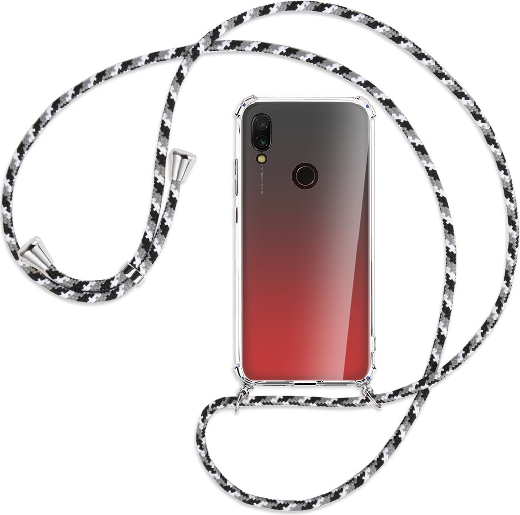Handykette Backcover-Schutzhülle mit Band (Metall silberfarben) für Xiaomi Redmi 7 - schwarz/grau/weiß