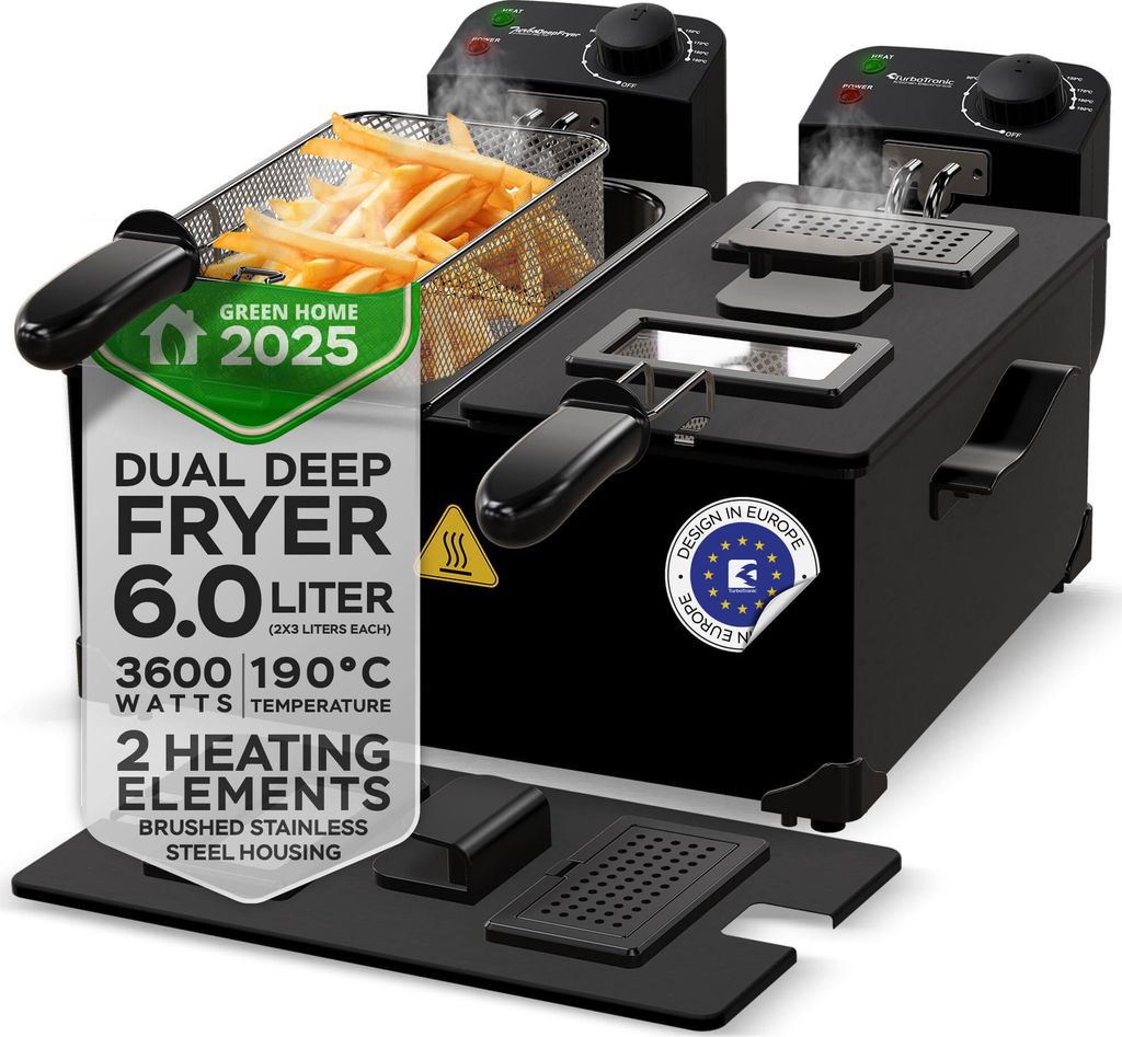TurboTronic Doppel Fritteuse - DF2 - mit Öl 3600W 2x3L Edelstahl-Kaltzonen Friteuse mit spülenmaschinefesten Teilen, Sichtfenster und präzise 0...
