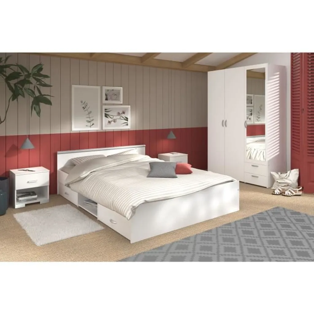 Ensemble Chambre à Coucher Blanche avec Lit 140x190 et Armoire 3 Portes