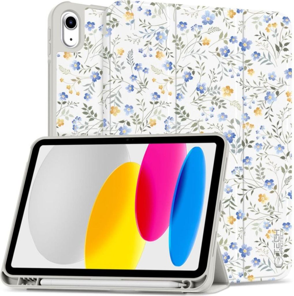 A tablet case with a floral pattern is shown with a tablet inside, propped up by the case.
