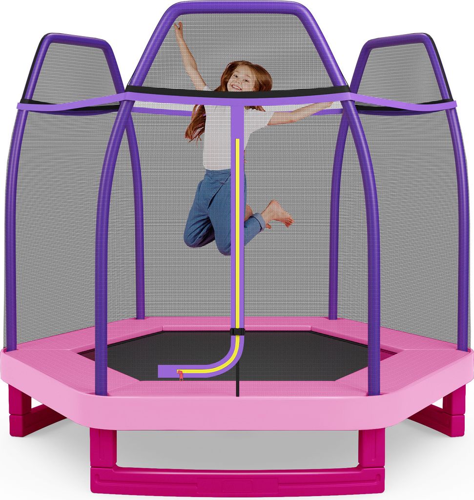 COSTWAY Ø223cm Gartentrampolin mit Sicherheitsnetz, Kindertrampolin bis 150KG belastbar Rosa
