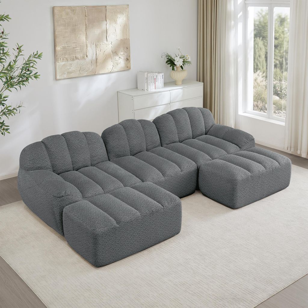 Modulares U-förmiges 3-Sitzer Sofa mit 2 Ottomans, Boneless Design, 32D Hochdichtschaum, tiefe Sitzfläche, weicher Stoff, Wohnzimmer Möbel