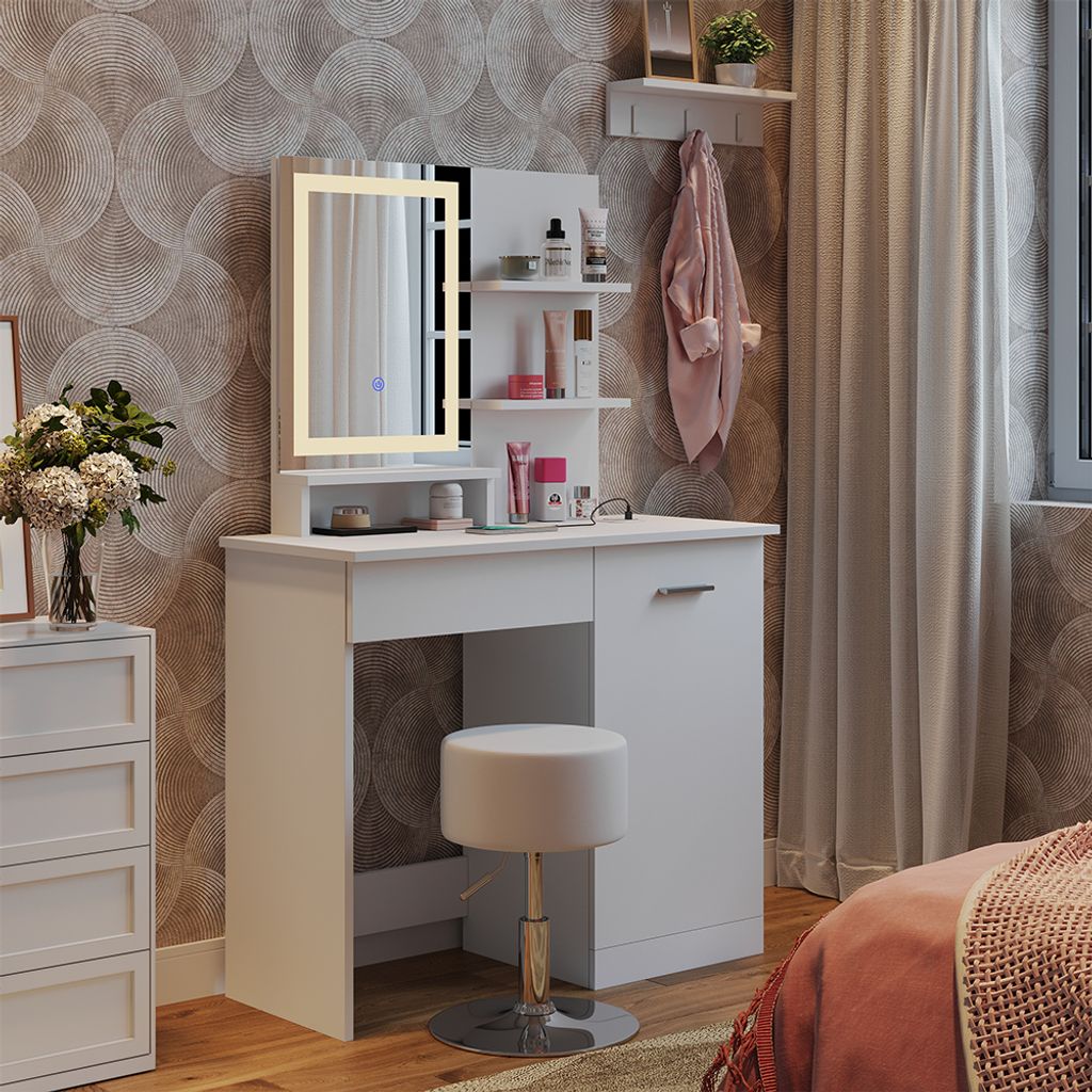 Vicco Schminktisch Julia, 90 cm mit LED-Spiegel, QI-Ladegerät und Hocker, Weiß