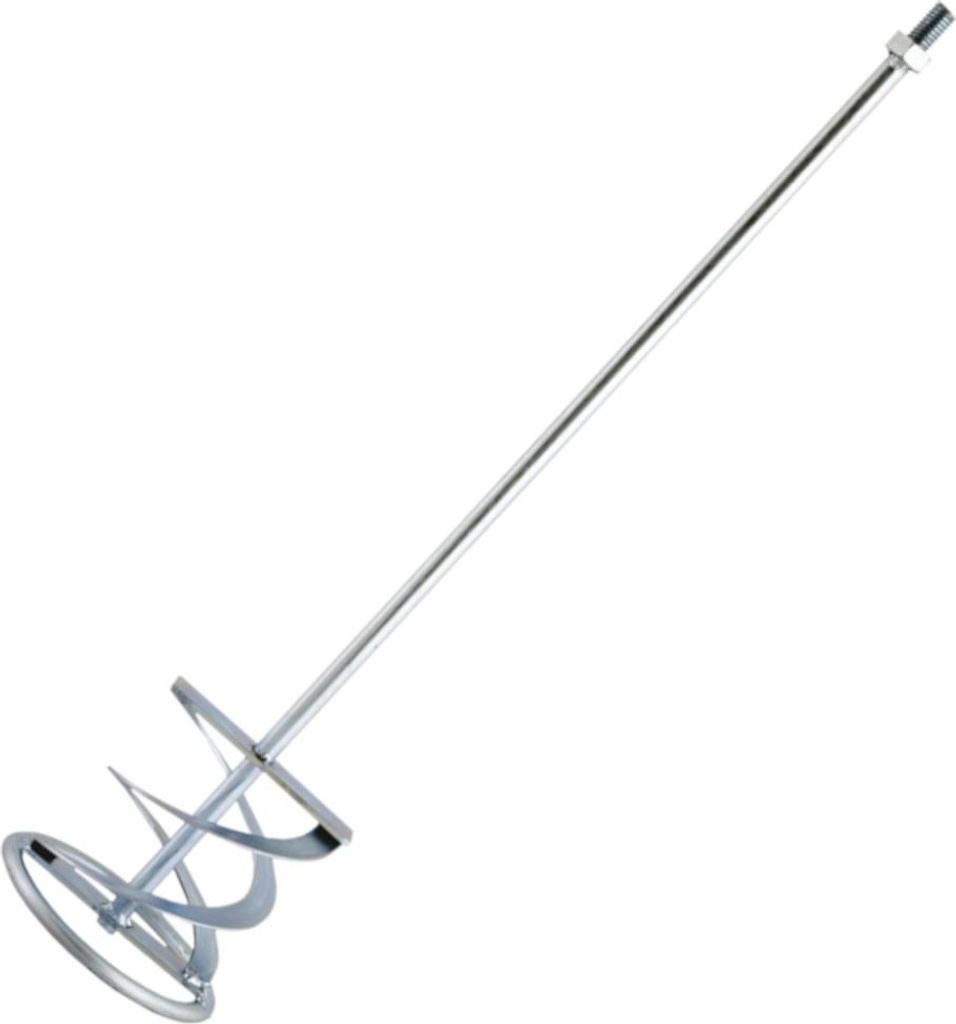 A silver mixer attachment for a drill, shown against a white background.