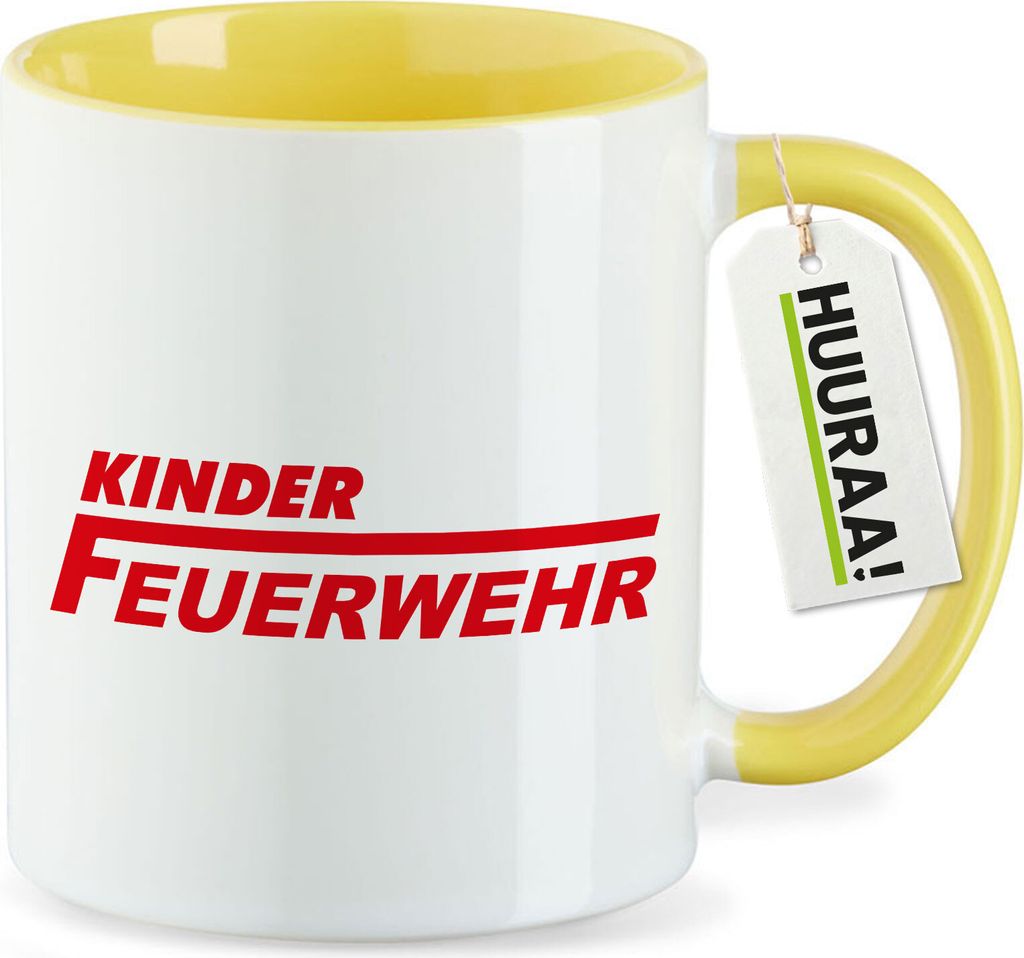 Huuraa Kaffeetasse Kinder Feuerwehr Schriftzug 330ml Gelb Keramik Kaffeebecher Geschenkidee