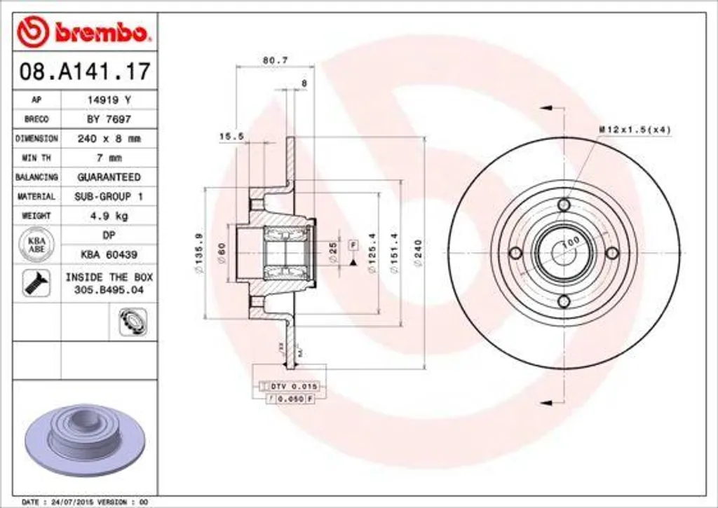 Disque de frein arrière pour Twingo II et Wind - Qualité Brembo 08.A141.17
