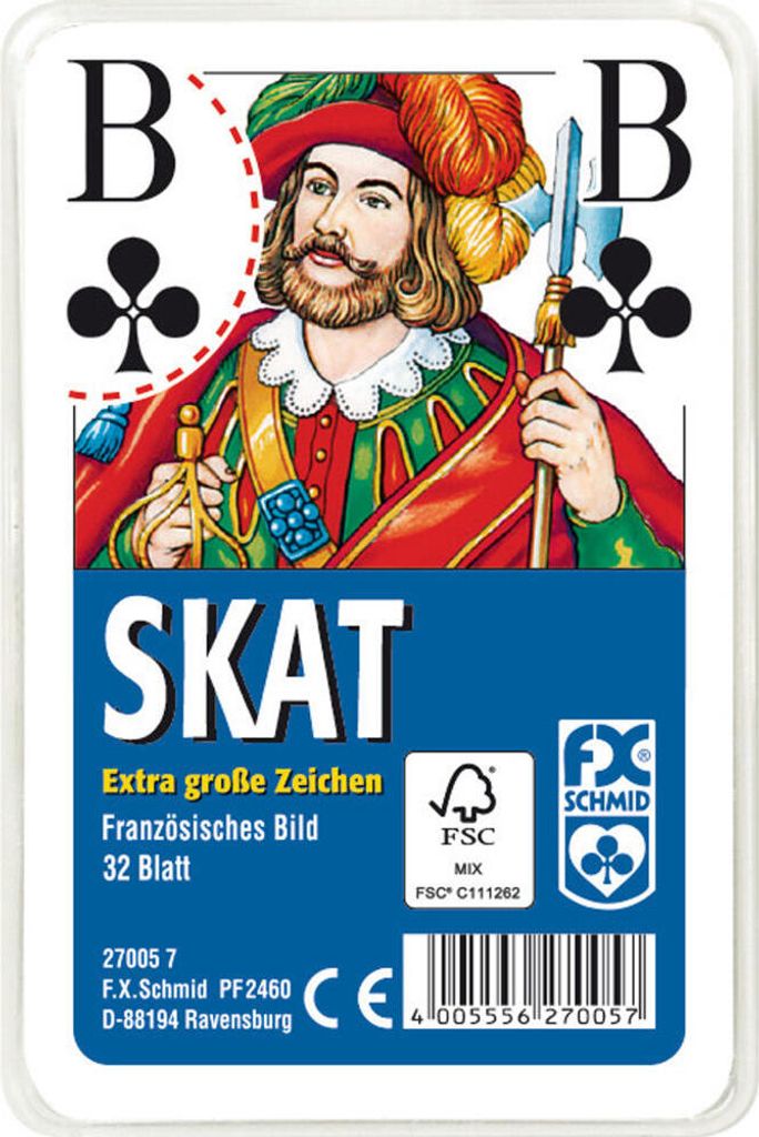 Klassisches Skatspiel, Französisches Bild mit großen Eckzeichen, 32 Karten in Klarsicht-Box Ravensburger 27005