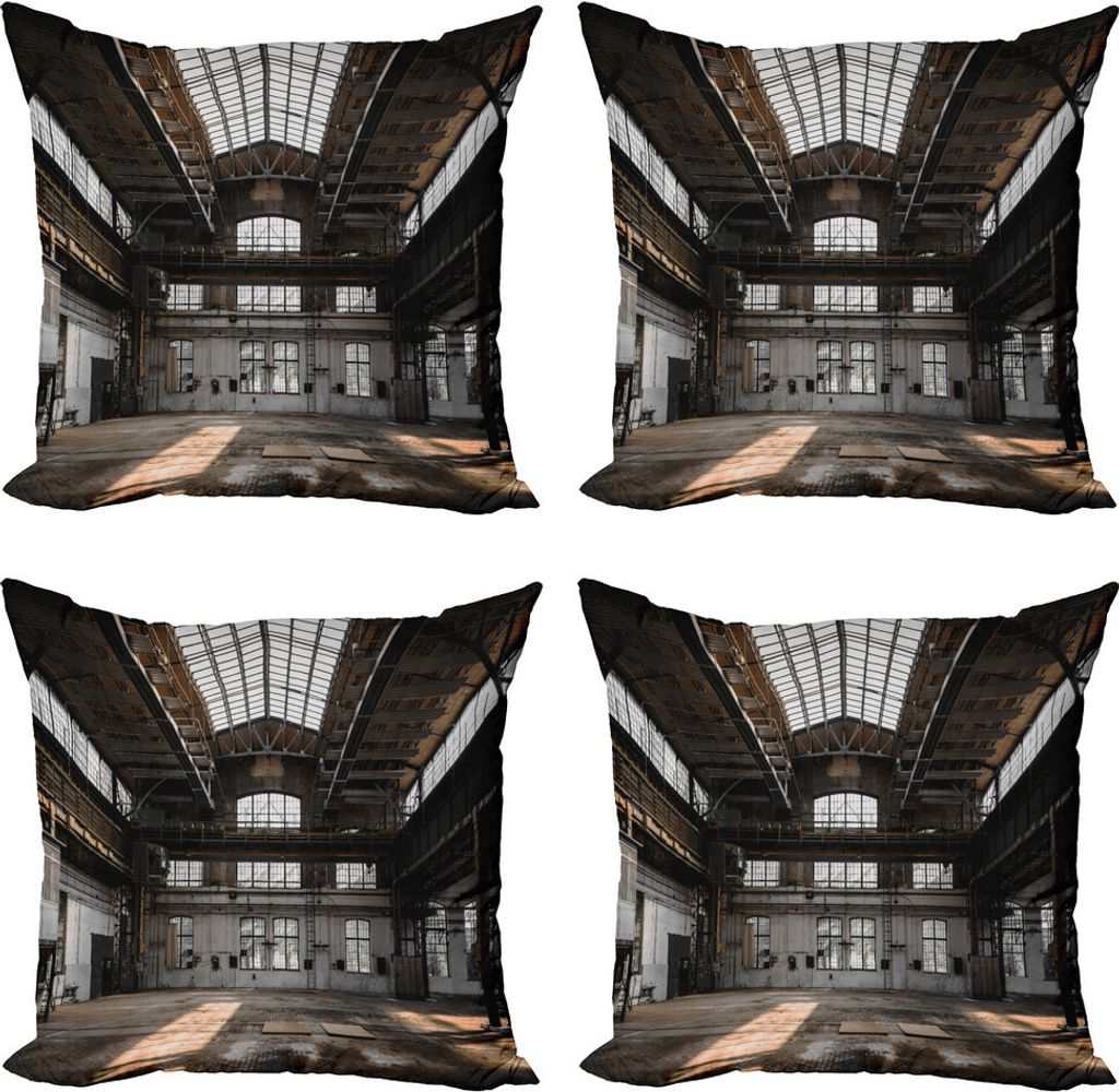 ABAKUHAUS industriell Kissenbezug Set (4 Stück), Alter Hangar, Moderner Doppelseitiger Digitaldruck, 60 cm x 60 cm, Braun, Weiß, Grau