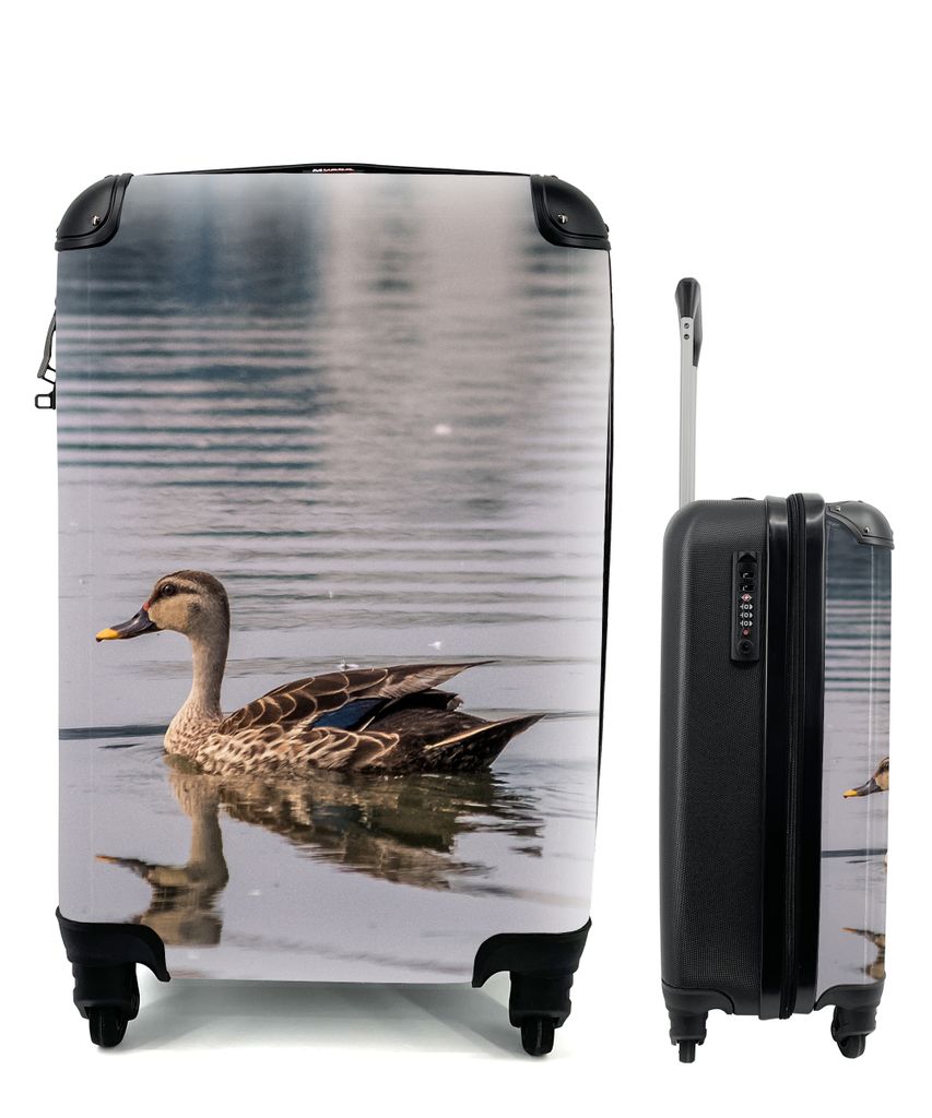 MuchoWow Koffer Handgepäck Trolley Rollkoffer Kleine Reisekoffer mit 4 Rollen - Ente - Wasser - Vogel - Braun - Cabin Size < 55x40x23 cm & 55x40...