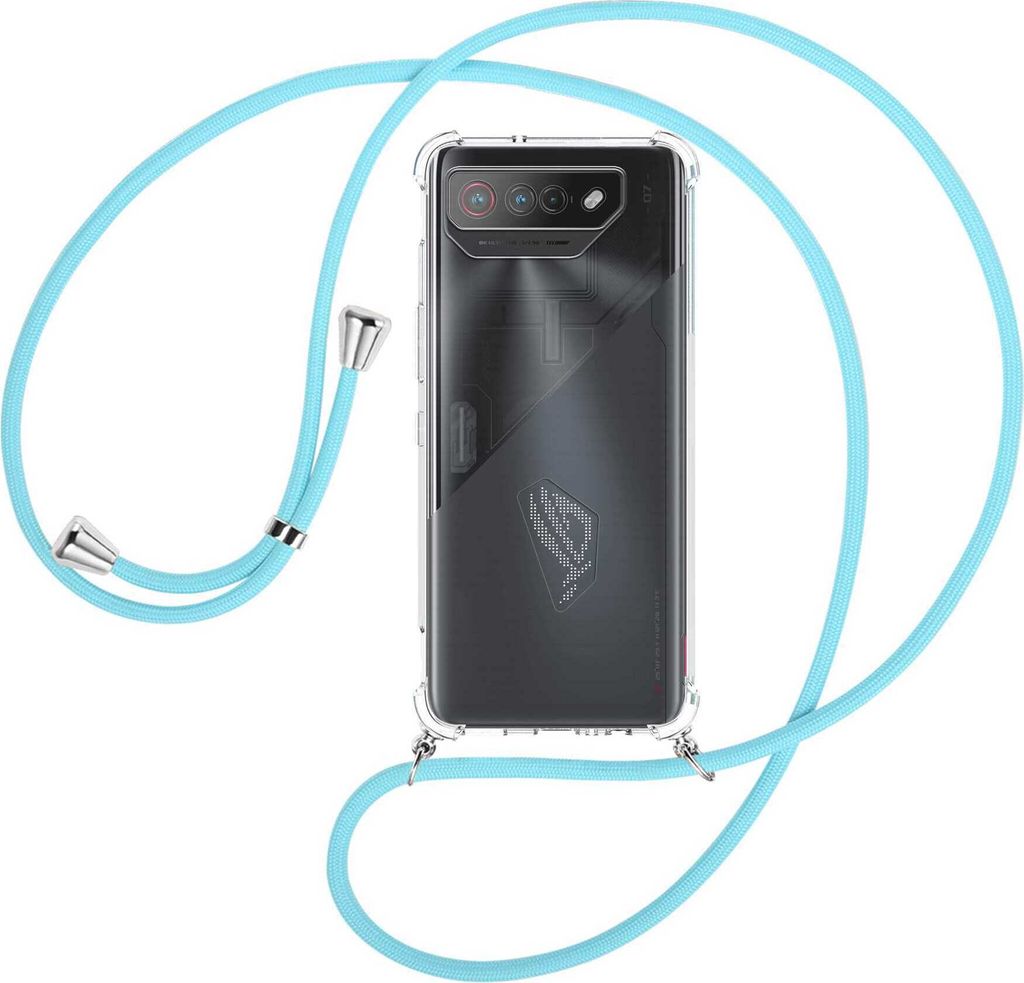 Handykette Backcover-Schutzhülle mit Band (Metall silberfarben) für Asus ROG Phone 7 (6.78'') - himmelblau