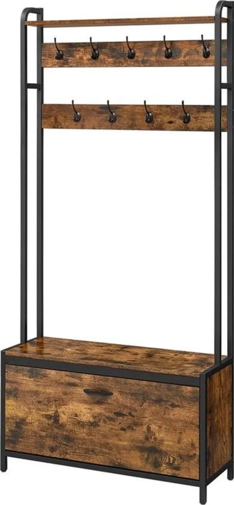 Meuble d'Entrée Industriel Marron Vintage avec 9 Crochets et Rangement