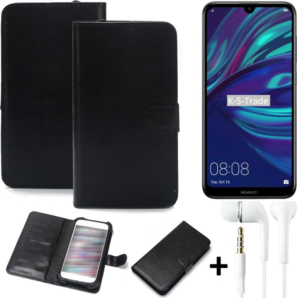 K-S-Trade Wallet Case Handyhülle kompatibel mit Huawei Y7 (2019) Schutzhülle Flip cover Flipstyle Tasche Hülle Flipcover Slim Bumper schwarz + in