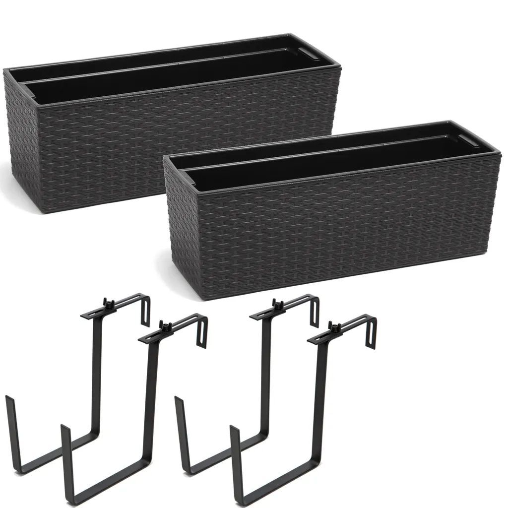 Jardinière balconnière en rotin noir avec crochet de fixation lot de 2