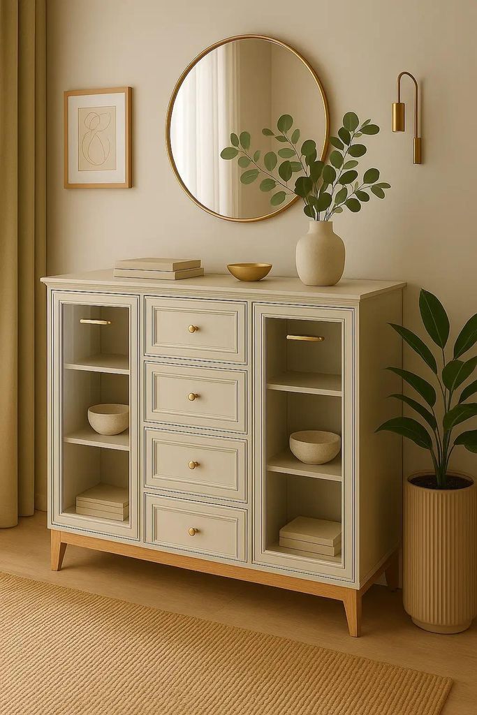 Windsor 07 Vitrine in Kaschmir mit Glastüren & 4 Schubladen – 92 cm breit, Soft-Close, Eichenfüße, goldene Griffe