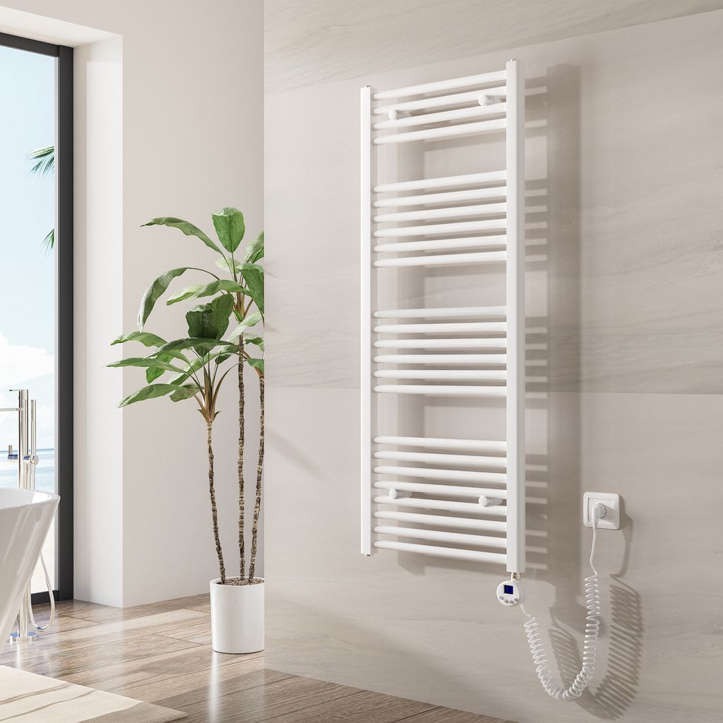 A white electric towel radiator mounted on a tiled wall in a modern bathroom.