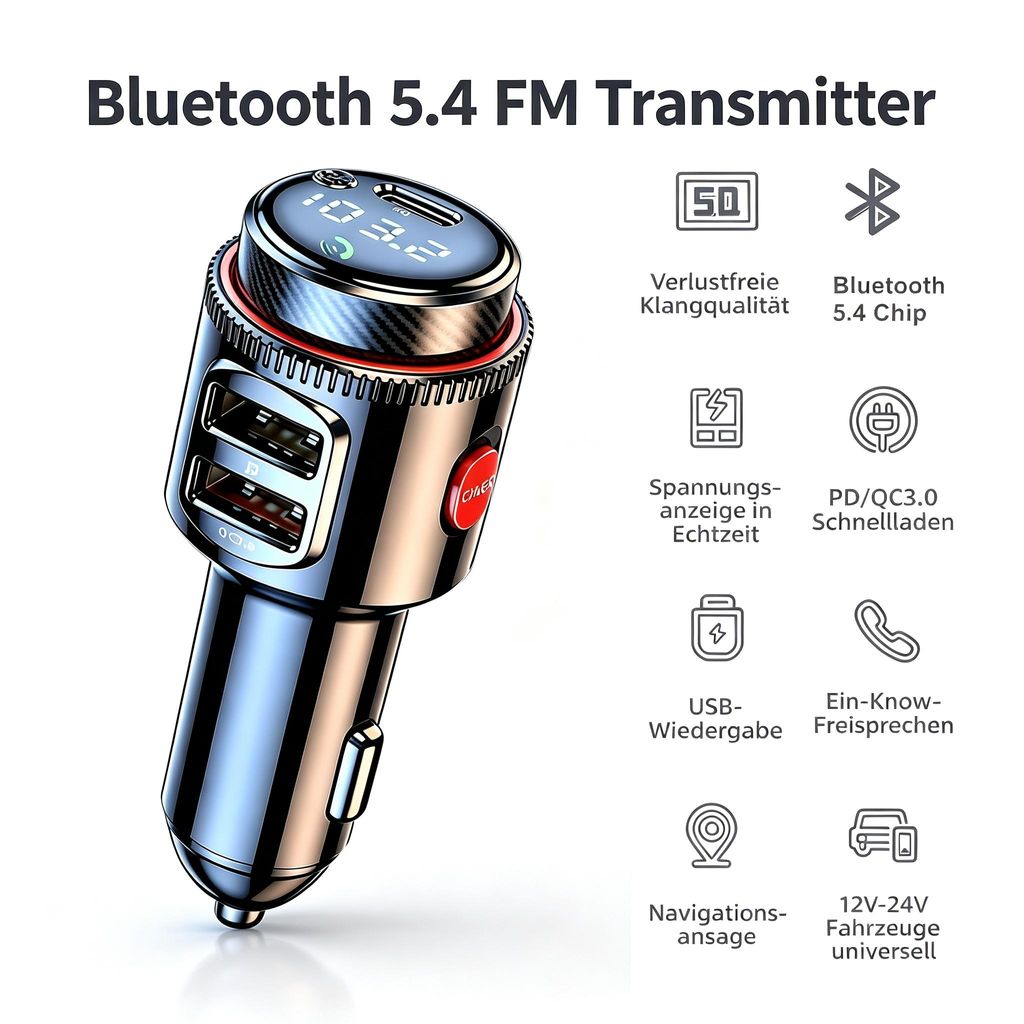 Auto Bluetooth 5.4 FM Transmitter Auto, KFZ Radio Adapter Produktbild 