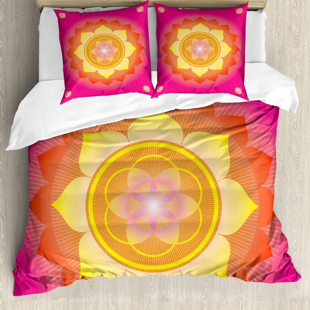 ABAKUHAUS Copripiumino Lotus, Lotus Planet Astral Cosmic, antiacaro, adatto a chi soffre di allergie, con federe, 155 cm x 220 cm - 80 x 80 cm, rosa giallo rosso - 1