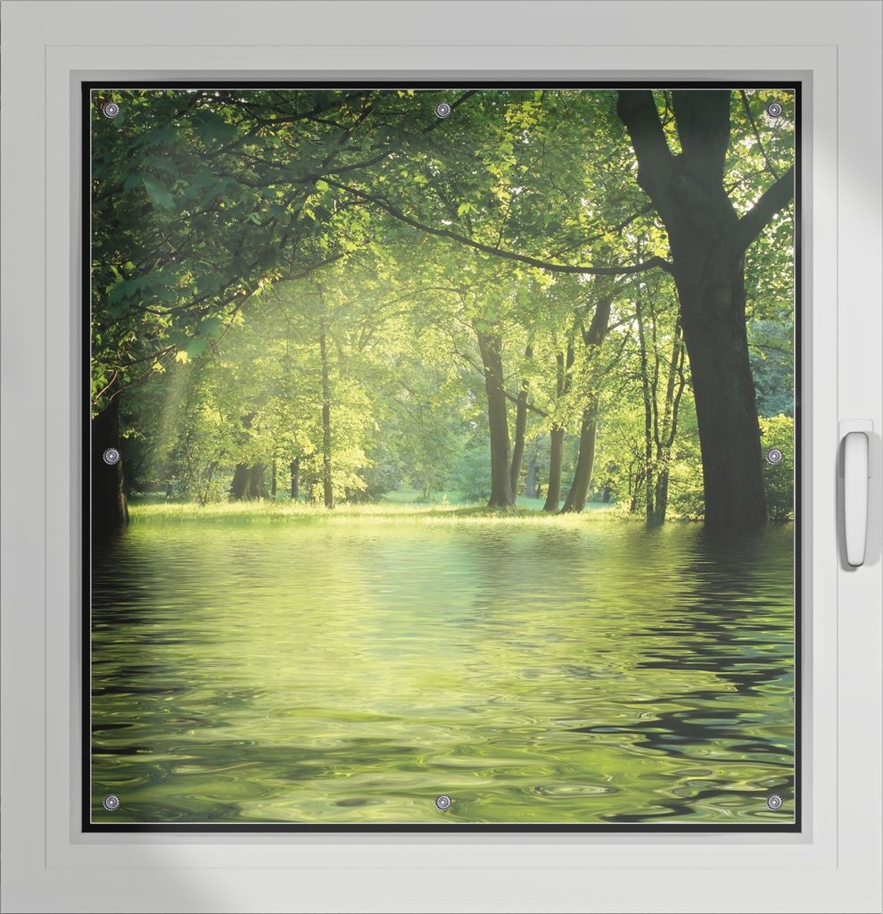 Wallario Lichtschutzbild, Dekorativer Sichtschutz Sonnenschutz 96 x 93 cm mit Motiv: Idyllischer See im Wald bei Sonnenschein - Verdunklung ohne Bo...