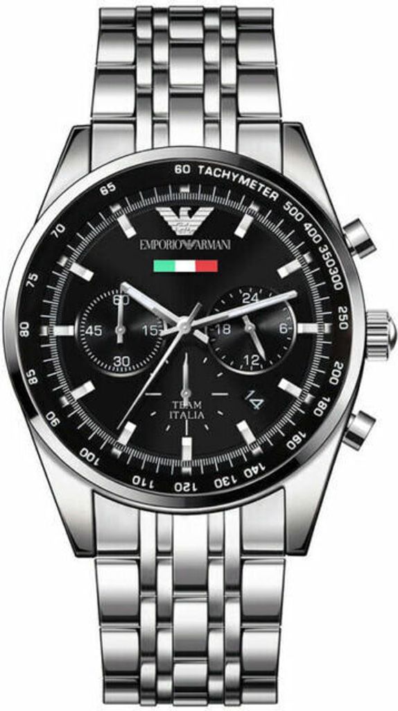 A close-up, front-facing studio shot of a men's chronograph watch with a black dial and silver metal band.