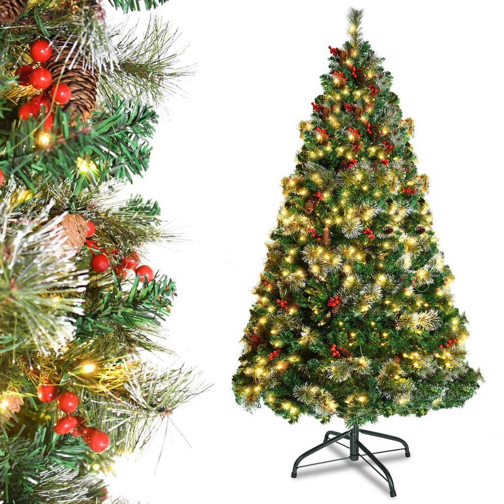 210 Cm Künstlicher Weihnachtsbaum Mit Beleuchtung & Deko-Set – Schneebedeckter Baum Mit LED-Lichtern, Kugeln & Metallständer