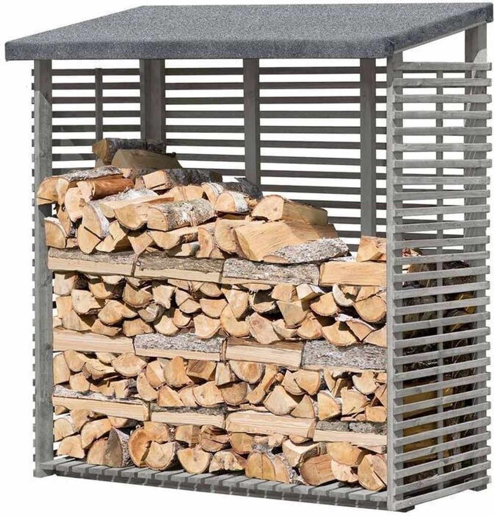 A wooden firewood storage rack filled with logs, with a gray roof.