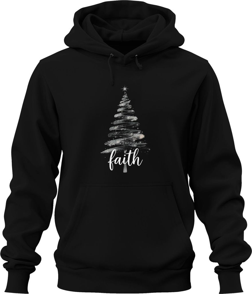 Weihnachtsbaum Faith christlich Glitzer Silber Schwarz Script Uni Hoodie Kapuzenpullover, Schwarz, XL