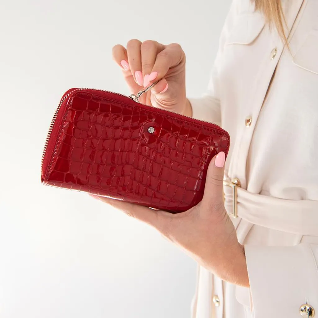 Portafoglio Donna Rosso Vernice Coccodrillo - Pelle Artigianale Italiana - 2