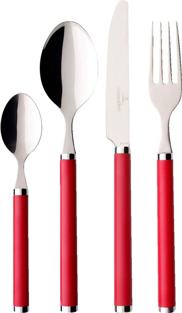 A set of four Villeroy & Boch Play red roses cutlery pieces, including a small spoon, a large spoon, a knife, and a fork, arranged side-by-side against a white background.