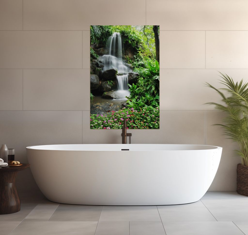 Wallario wasserfestes Poster selbstklebend 91,50 x 61 cm, Sturzbach im Grünen, Badezimmerposter Spritzschutz mit Hochglanzoberfläche in Glasoptik